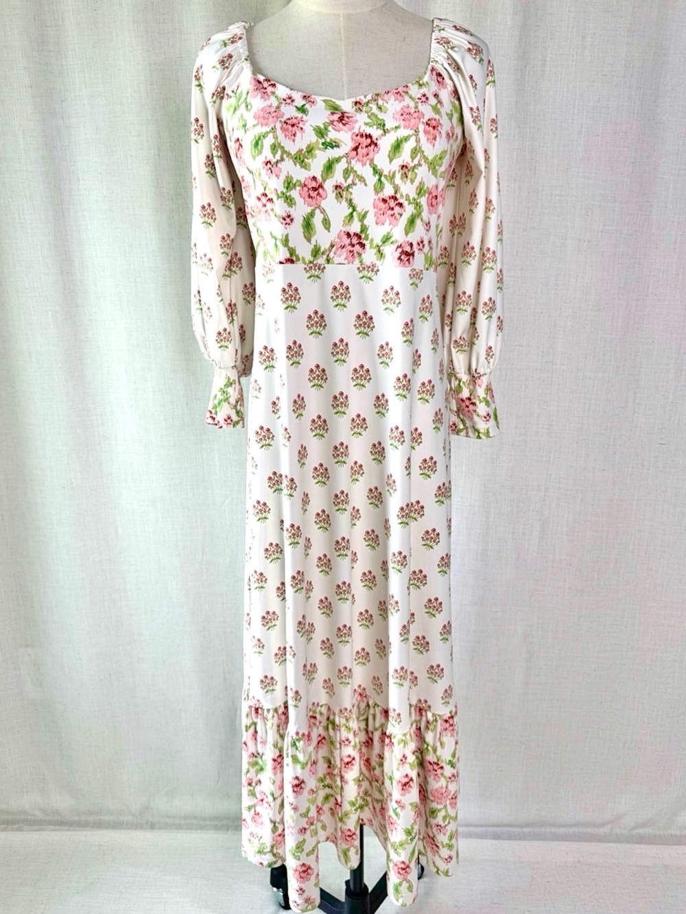 Smith & Quinn Floral Puff Sleeve Midi Dress White Pink Size Large